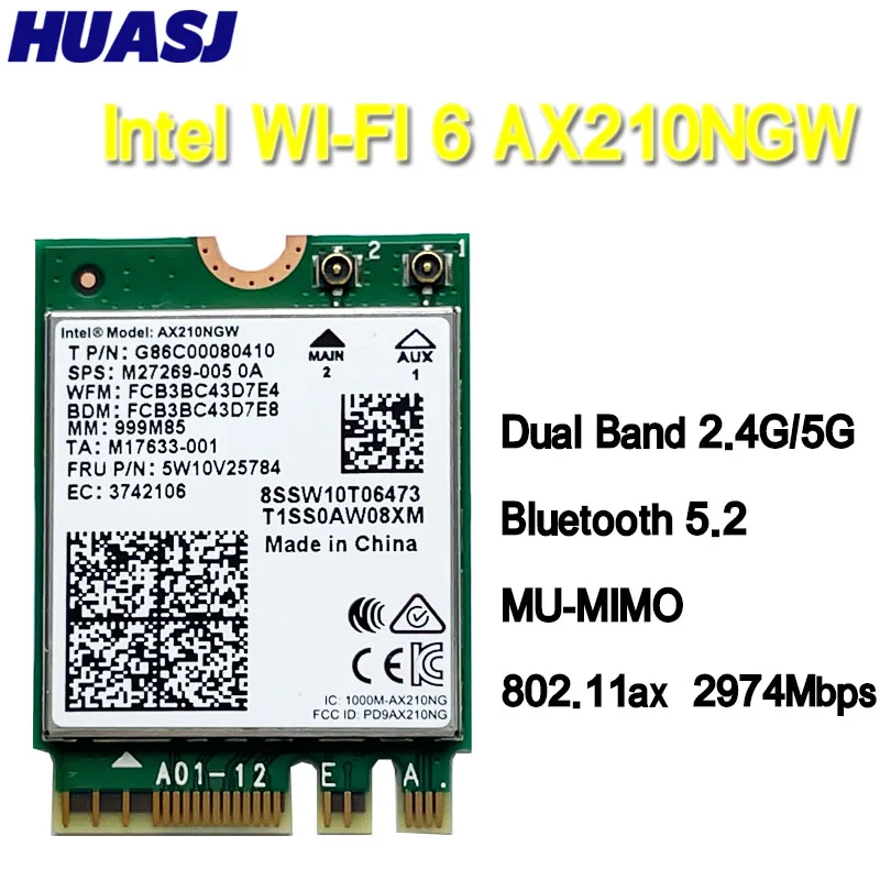 Huasj Wifi Ax210 Wifi 6e Ax210ngw M.2 Ngff 2400mbps para Intel 2.4ghz 5g 802.11ax Bluetooth 5.2 Ax200 Placas de rede