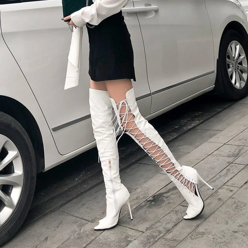 

High Heel Hollow Female Summer Boots High Tube Strap Long Tube Net Boots Cool Boots Night Club Sandals Fish Mouth A036