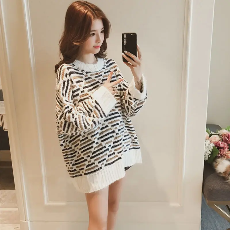 

Sweater women's autumn and winter new loose knit shirt medium length striped sweater warm top
