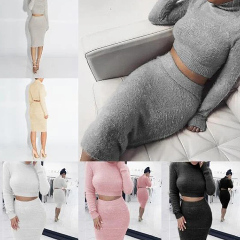 

Fashion Solid Color Casual Sweater Suit Sheath Pullover Long Sleeve Turtleneck Top And Skirt Thin Suit Ropa Deportiva Mujer