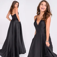 sexy deep v neck spaghetti straps a line little train skirt with pocket black prom evening gown night club party dress