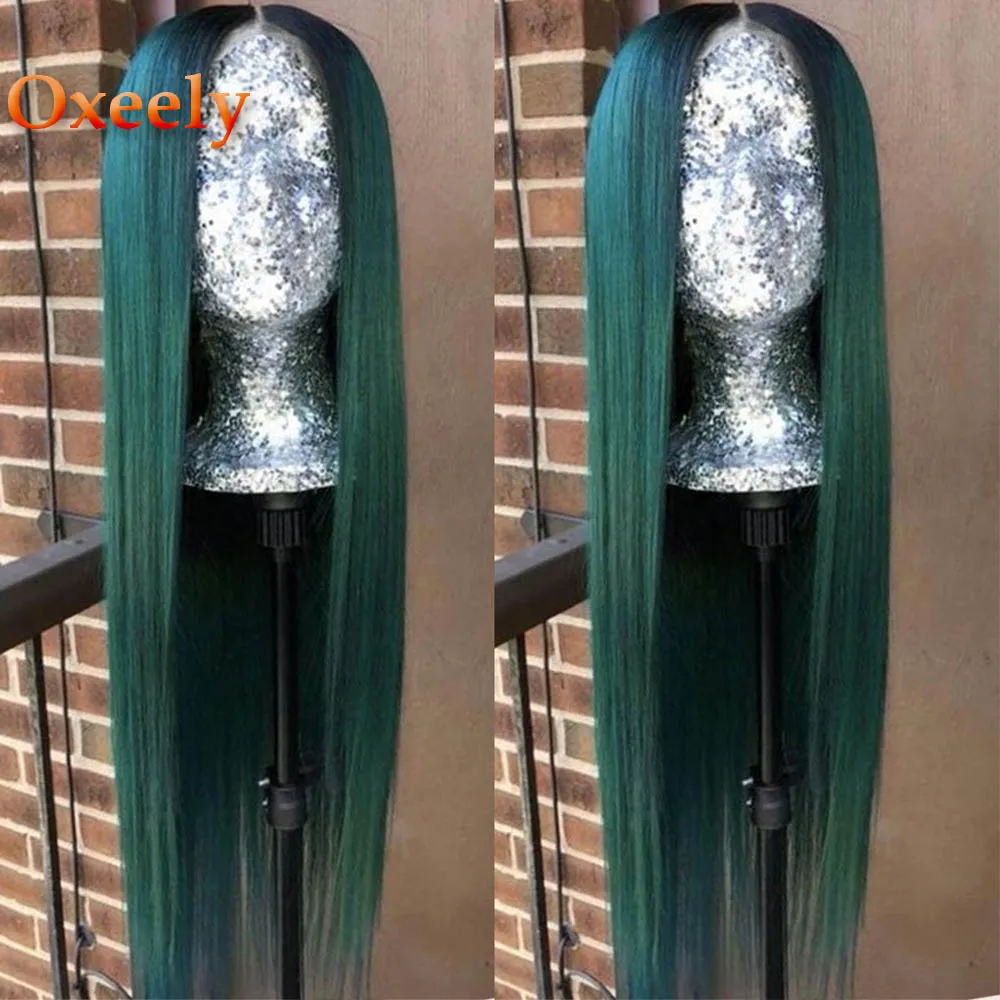 ombre green Oxeely длинные прямые волосы Омбре зеленый цвет кружева перед парики термостойкой, без клея Синтетические Кружева передние парики для черных женщин - Цвет: ombre green