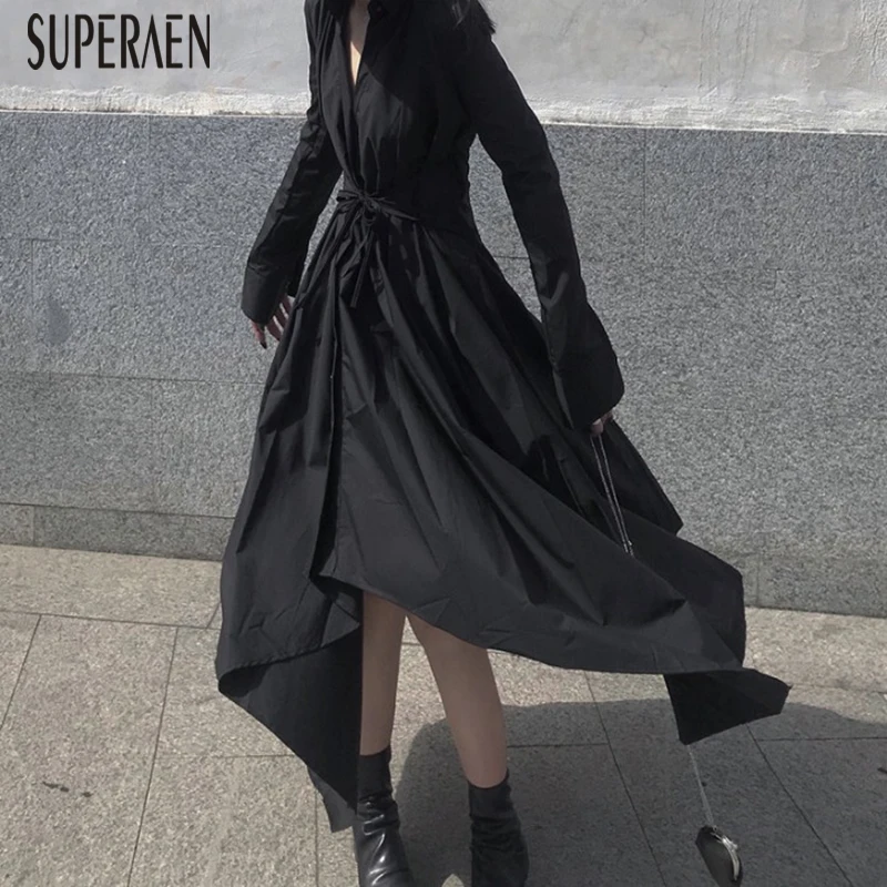 SuperAen, Европейская мода, женское платье, весна, новое хлопковое женское платье, одноцветное, повседневное, длинный рукав, женская одежда