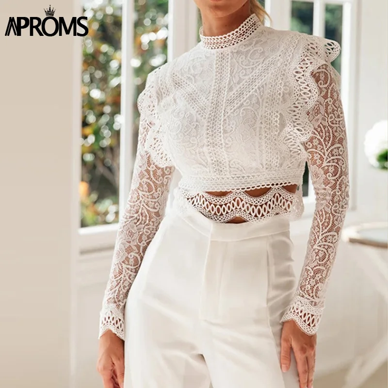 Aproms, винтажная женская футболка с кружевной отделкой, с вышивкой, элегантная, высокая горловина, длинный рукав, укороченный топ, женские вечерние футболки, открытая футболка - Цвет: Белый