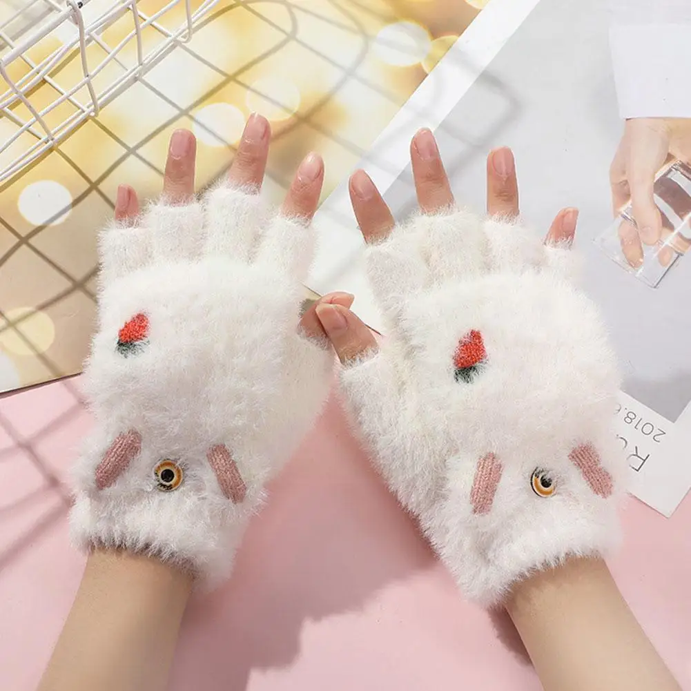 

1pair Women Girls Lovely Winter Warm Fingerless Gloves Gloves Mittens Finger Paw Claw Plush Half Mink Imitation Velvet Fluf T1Z5