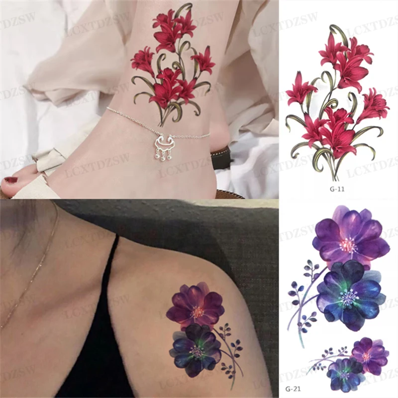 2 Pcs Flower Temporary Waterproof Tattoo Stickers For Women Arm Leg Clavicle Body Art Fake Tattoos Decals Small Size 9.7*5.7CM
