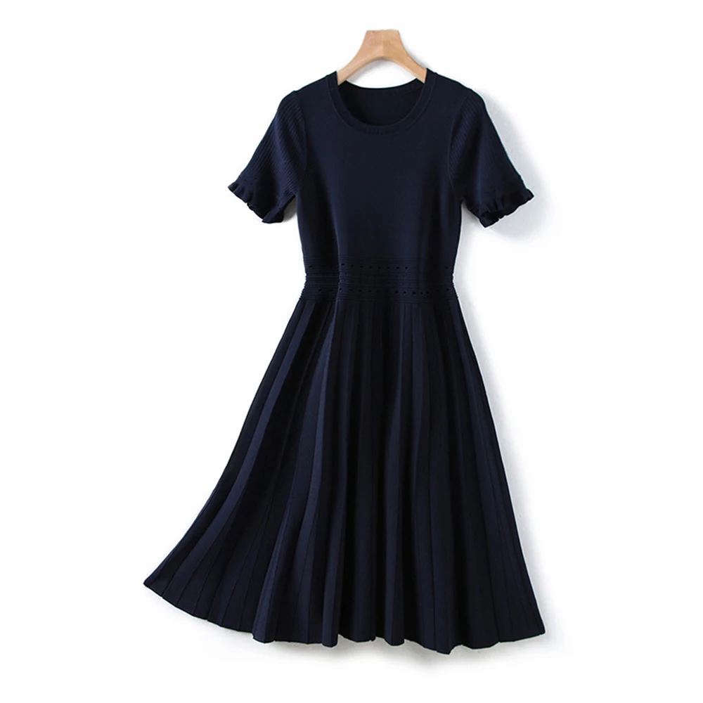 

Woman Dress 2021 New Spring Fashion Short Sleeve Pleated Mid Waist Casual O-Neck Heavy Industry Pullover Knitting Dress
