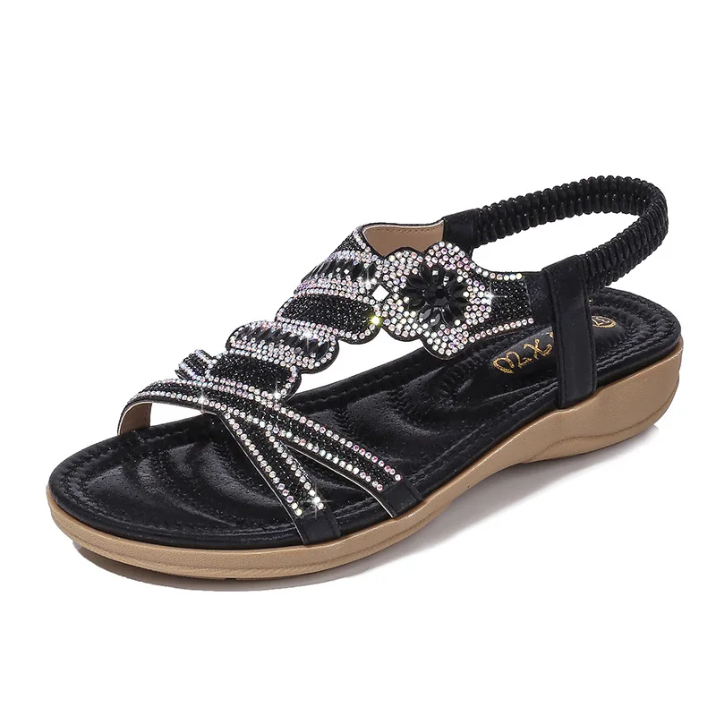 

Lady Shoes Cross-border Large Size Women Shoes Outside Flower Pattern Rhinestone Sandals Wild Flat Large Size Women Sandals