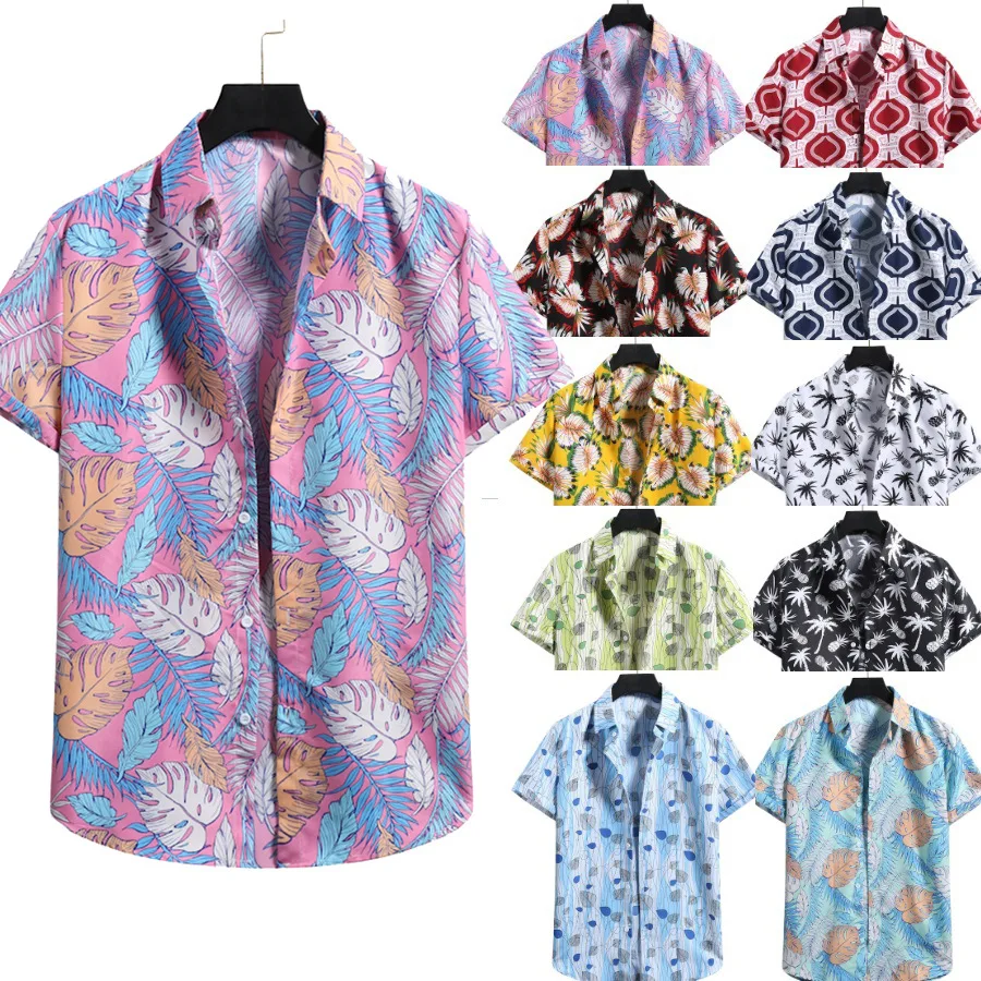 

Мужская летняя рубашка, Новые Гавайские пляжные рубашки с коротким рукавом и принтом, однобортный Кардиган с отложным воротником в стиле Ха...