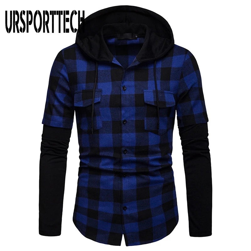URSPORTTECH Men's Shirt Spring Autumn Quality Plaid Shirts Hooded Outwear Long Sleeve Casual Male Chemise Homme EU Size S-XXL