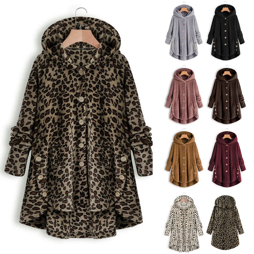 

2020 Winter Leopard Coat Fashion Women Button Solid Color Hooded Jacket Teddy Coat Ladies Winter Warm Coat Casual Hoodies