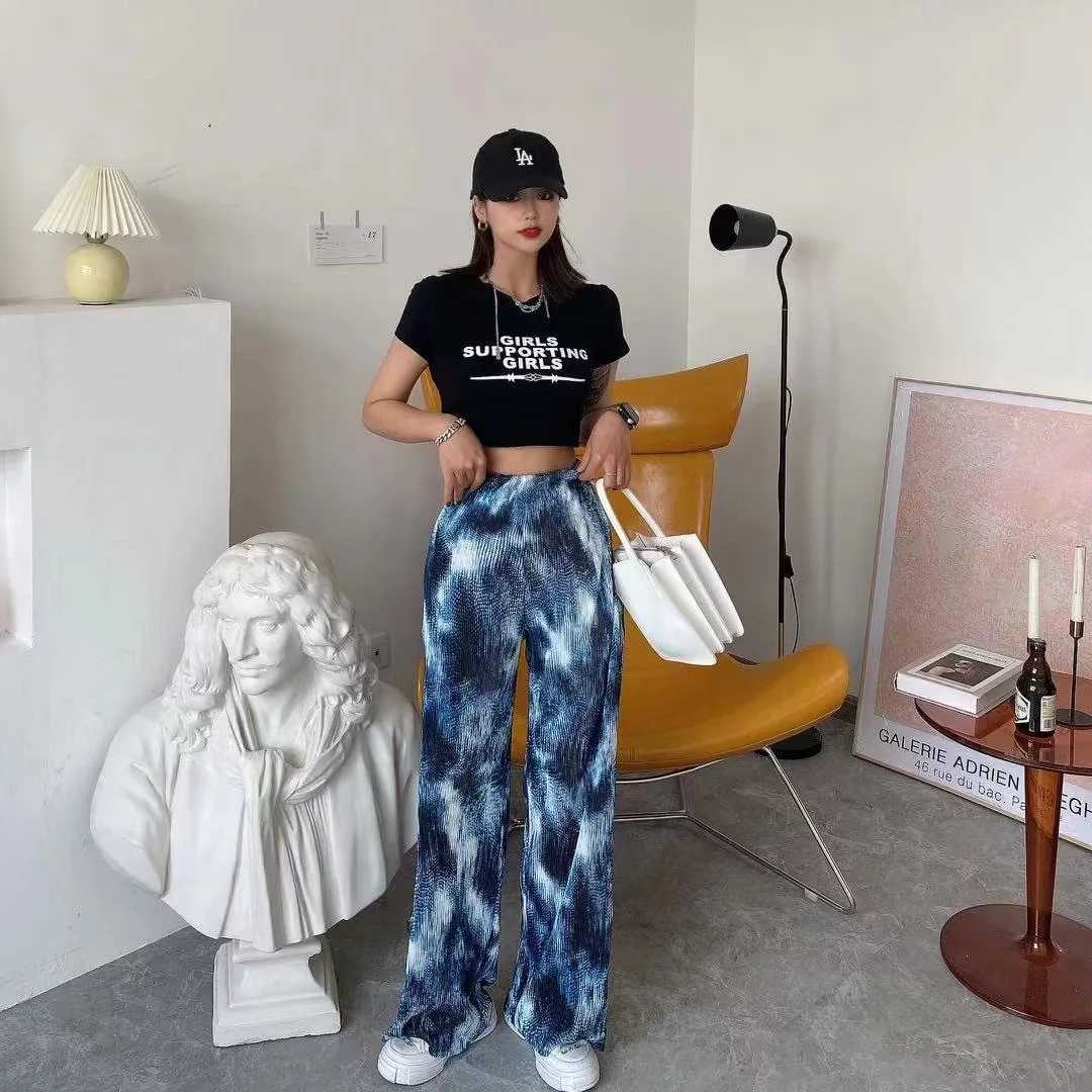 

Spring Summer Women Tie Dry Wide Leg Pant 2021 Fashion Loose Casual High Waist Pants Full Length