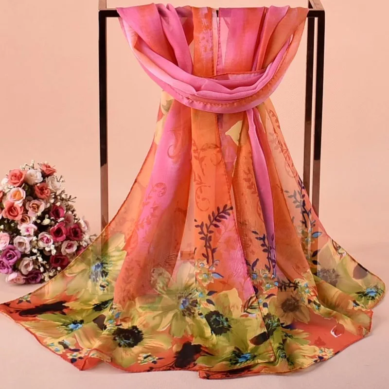 

Woman Scarf Springtime New Shadow Flowers Chiffon Scarves Long Sunscreen Gauze Kerchief Shawl Multi-purpose Towel Hijab Scarf