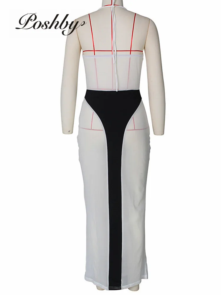 

Poshby Women Summer Mesh Through Patchwork Maxi Dress Sexy Sleeveless Halter Backless Bodycon Dress 2021 New Vacation Beachwear