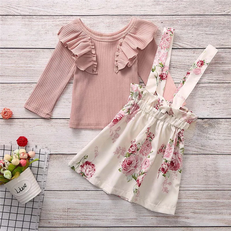 Однотонный топ с длинным рукавом для маленьких девочек + юбка на подтяжках