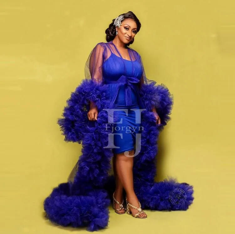 

Royal Blue Aso Ebi Bridal Tulle Robes Fluffy Extra Puffy Custom Made See Through Tulle Maternity Robes Plus Size 2021