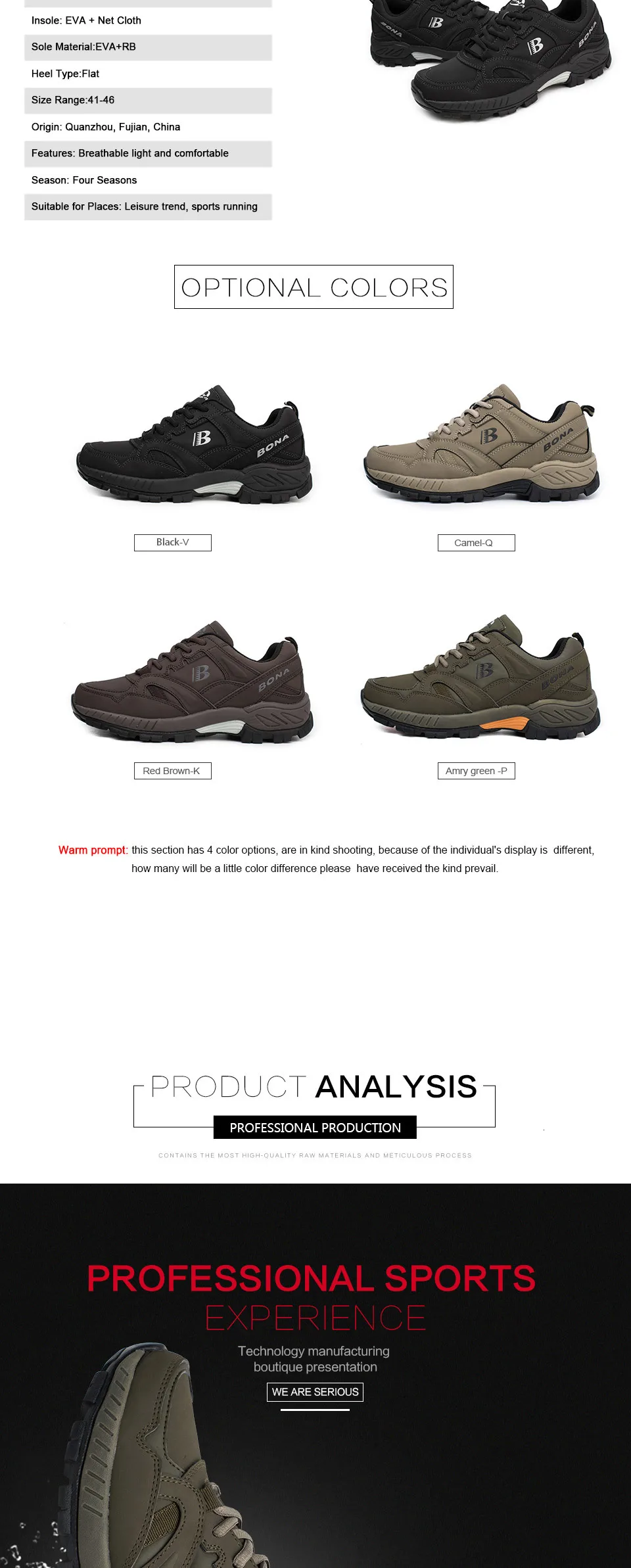 BONA Man Hiking Shoes Men Suede Breathable Lace Up Men Athletic Shoes Outdoor Jogging Sneakers Comfortable Soft Outdoor Sneakers