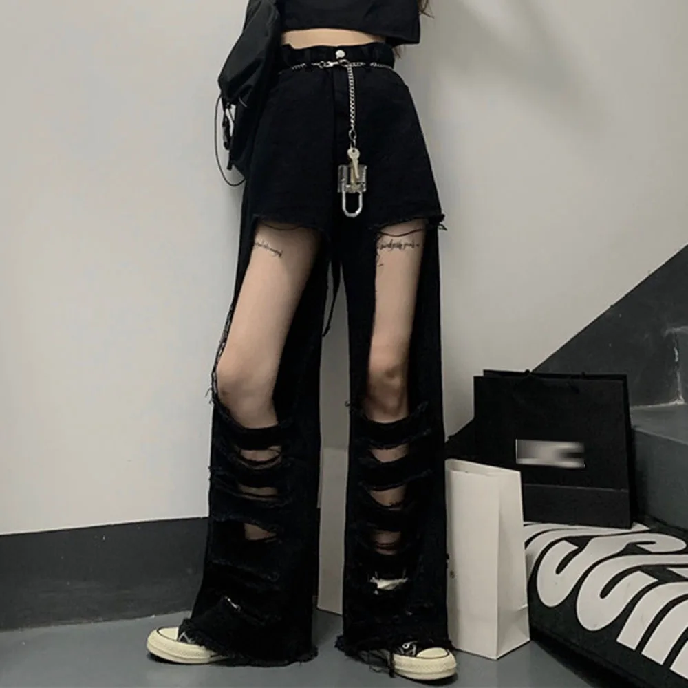 

Gothic Punk Fashion Ripped Jeans Women Trousers Streetwear High Waist Black Hole Cool Summer Casual Wide Leg Pants HOT Trendy