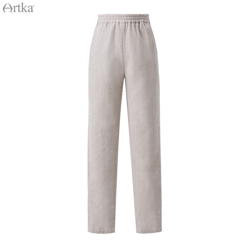 ARTKA 2019 Autumn Winter New Women Pants Elastic Waist Thicken Woolen Trousers Loose Casual Straight Woolen Pants KA10198Q