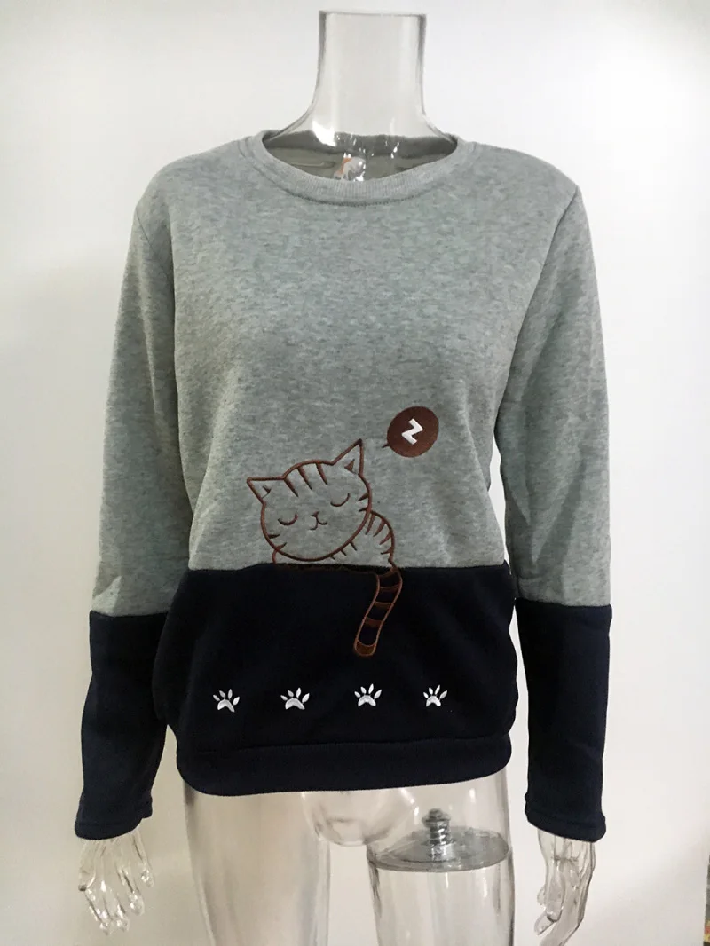 

Cat Print Hoodies Women Casual Round Neck Long Sleeve White Grey Patchwork Female Hoodies Sweatshirt Pullover