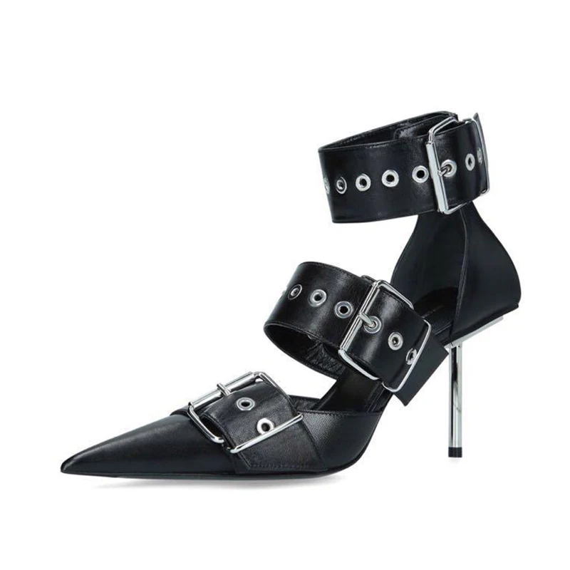 

Summer Pointed Toe Buckle Cutout Sandals Black Leather Metal Thin High Heels Runway Shoe Gladiator Style Belt Buckled Pumps