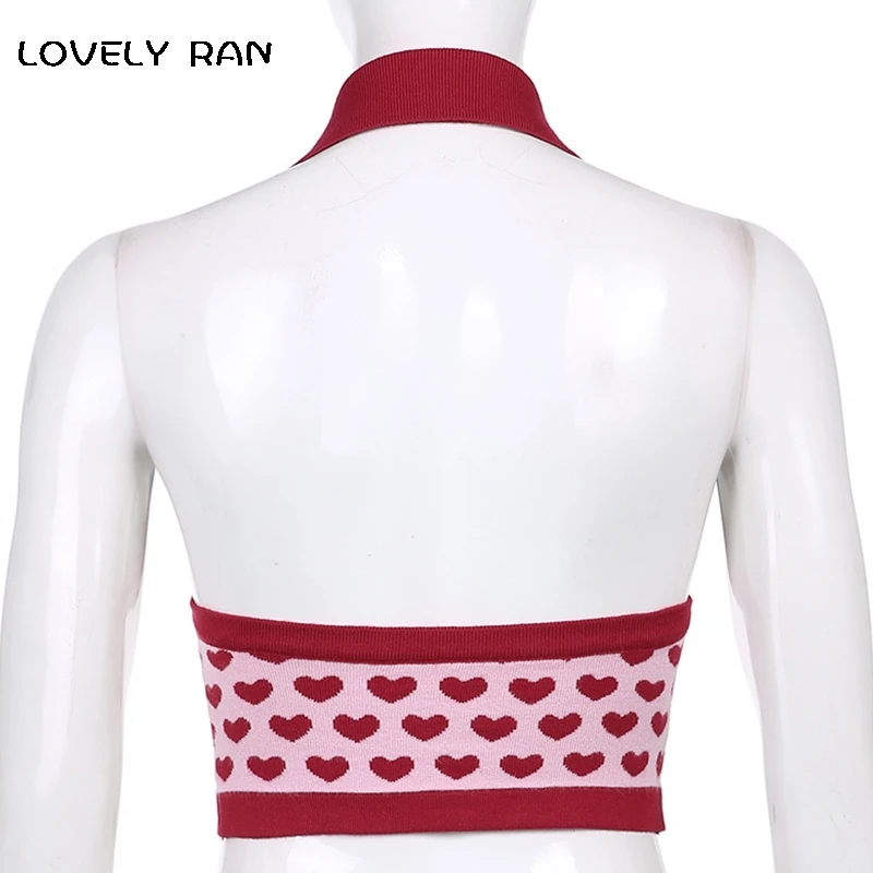 

Halter Backless Sexy Casual Women's Short Tanks Knitted Heart Print V-Neck Crop Tops Sleeveless Girls Slim Beach Clothes Summer