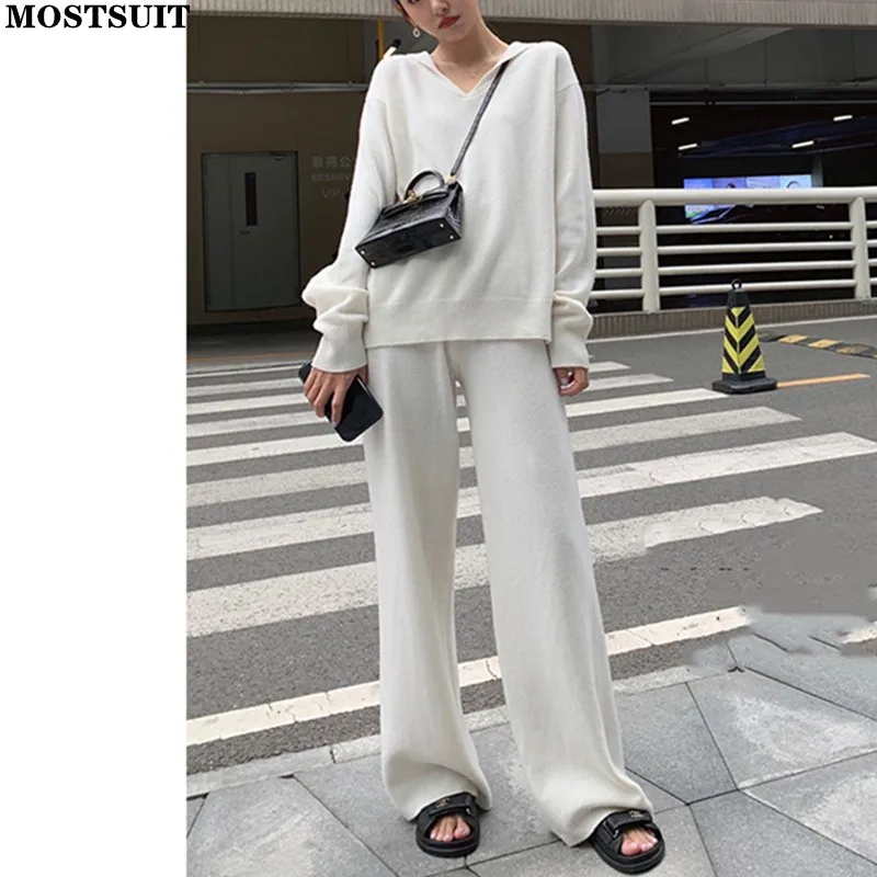 

Autumn Winter Solid Loose Knitted Pant Sets Women Sailor V-neck Collar Sweater & Wide Leg Pants Suits Fashion Elegant Ladies Set