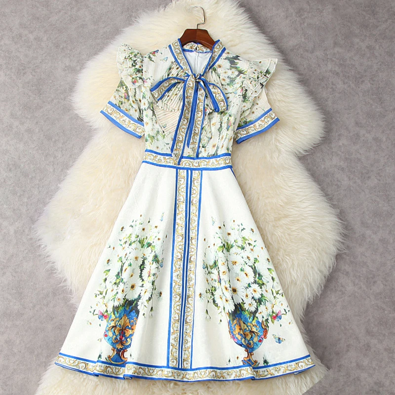

HIGH STREET Newest 2021 Summer Bow Collar Short Sleeve Ruffles Bohemian Print Knee-Length Dress