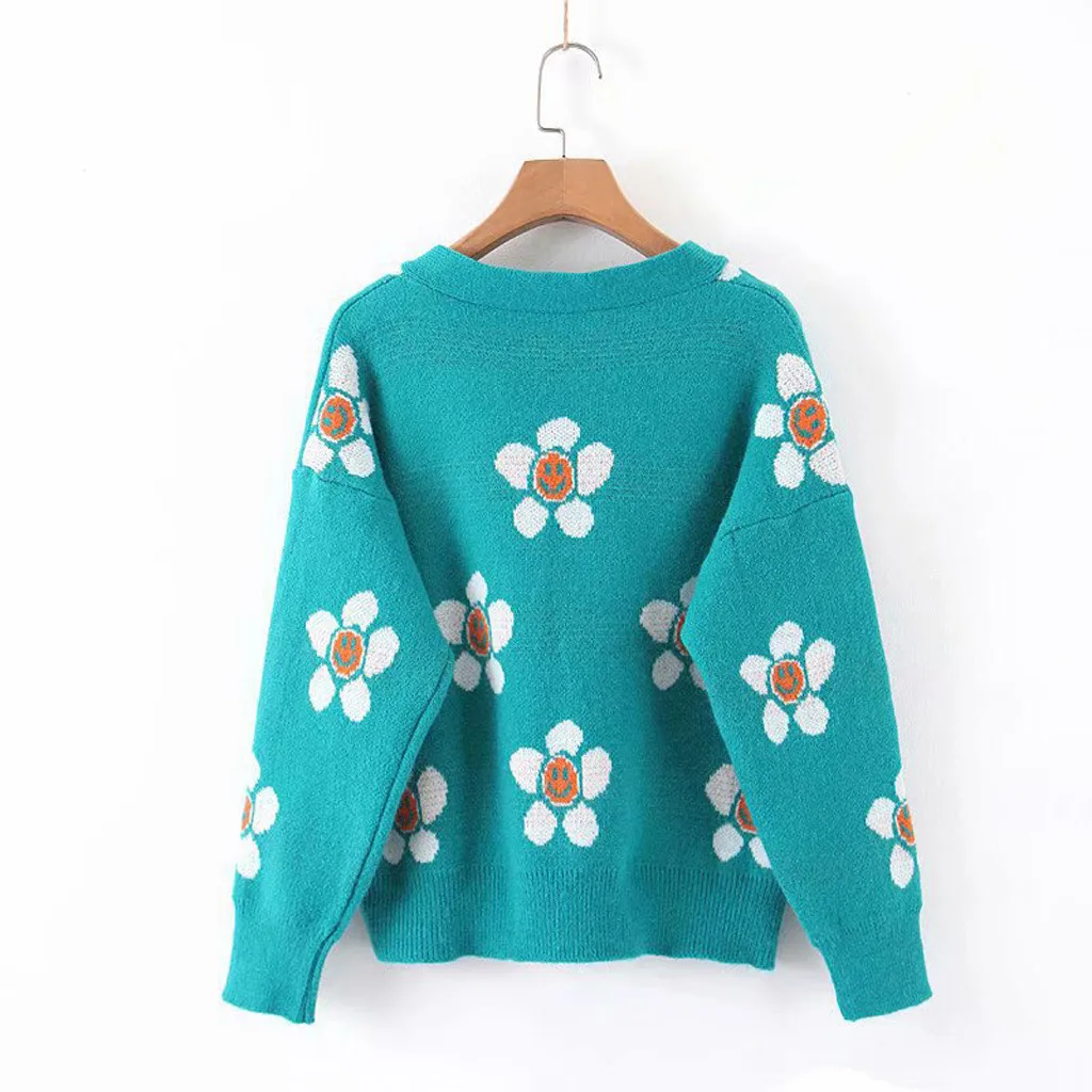 SAGACE Women's batch autumn and winter new lazy wind V-neck smiley face flower jacquard cardigan sweater Long sleeve |