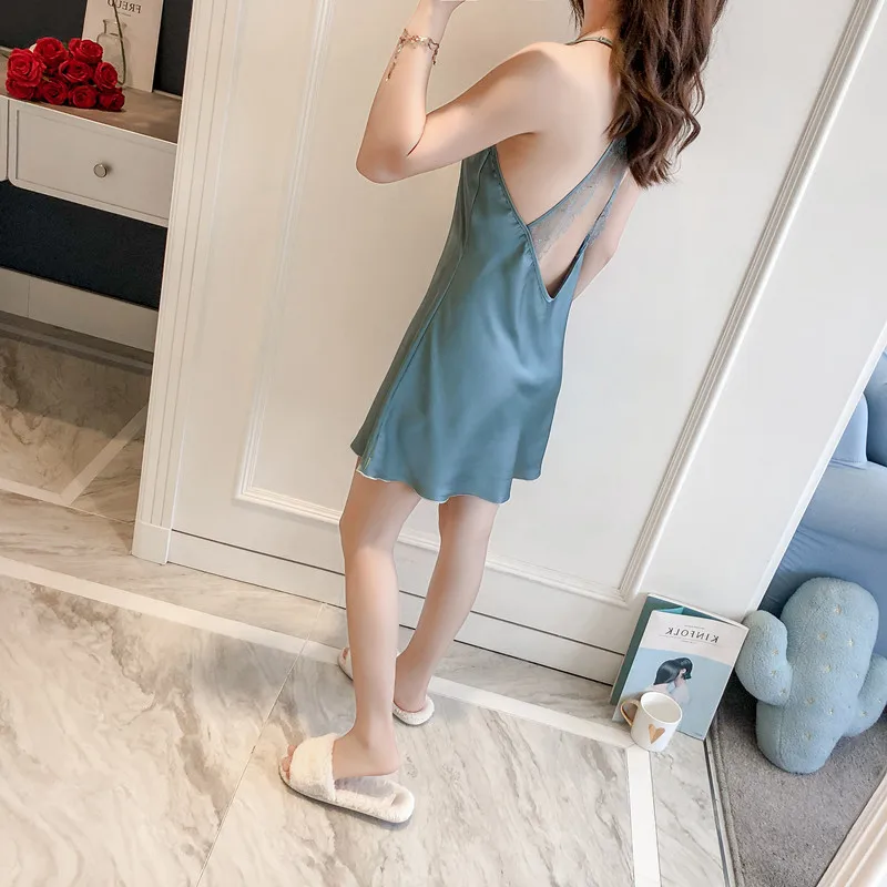 

Kimono Robe Gown Women Lace Sexy Nightdress Satin Bathrobe Sleepwear Silky Blue Nightgown Spring Summer New Home Wear Nightwear