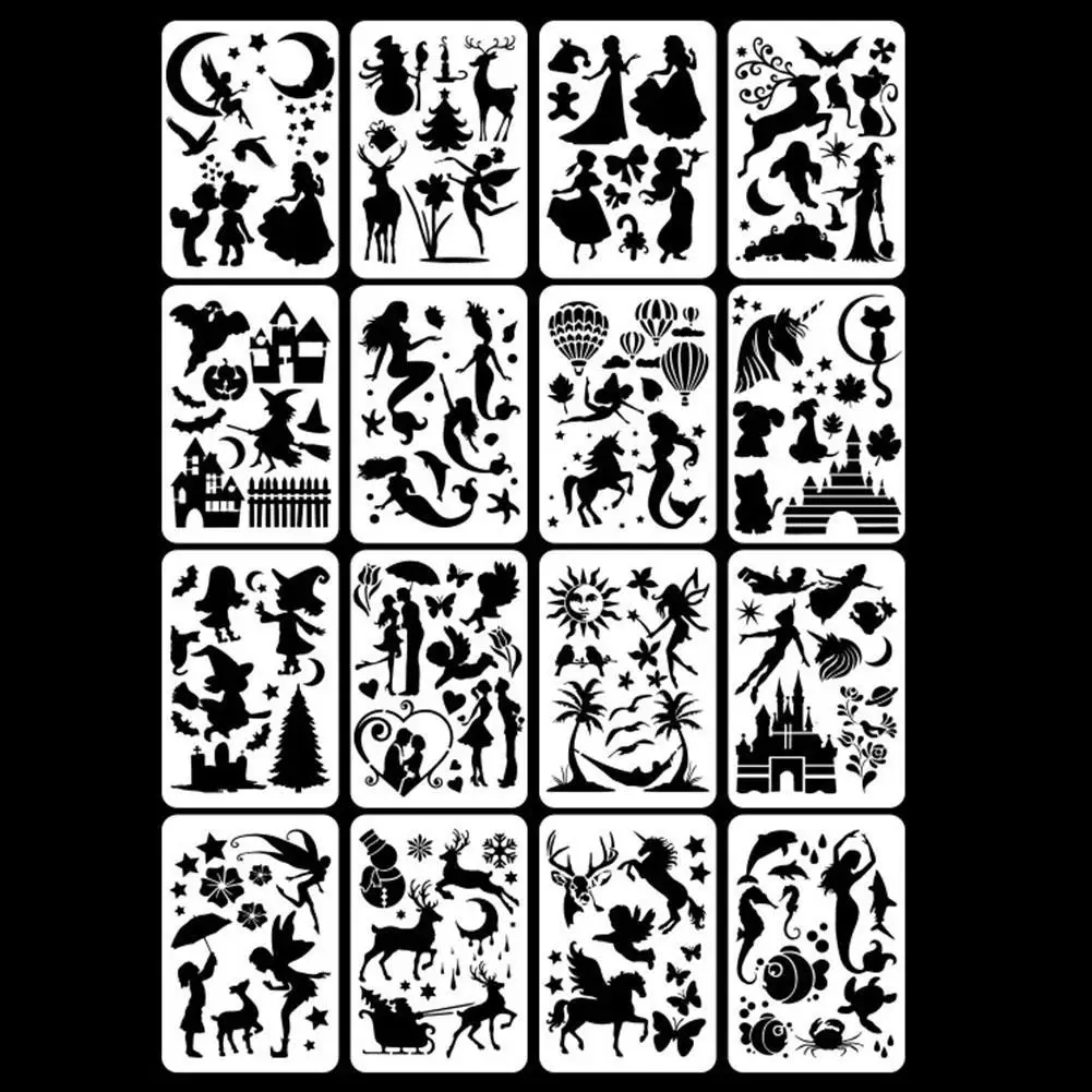 

16 Pcs/set A4 Dream Silhouette Painting Template Fast Stencil Art Plastic Templates Material Fast PET Draw Draw Templates S9M8