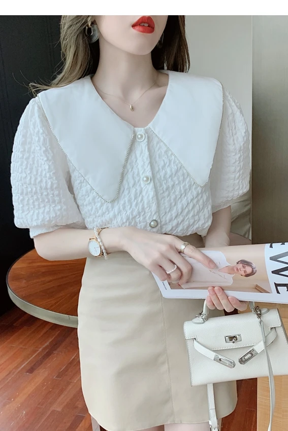 

2021 Korean Style Elegant Beading Blouses Women Turndown Collar White Shirt Female Loose Puff Sleeve Blouses Female