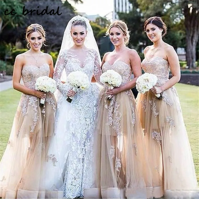 

Champagne Lace Bridesmaid Dresses Long 2021 Elegant Sweetheart Tull Wedding Party Dress For Women Plus Size Vestido de festa