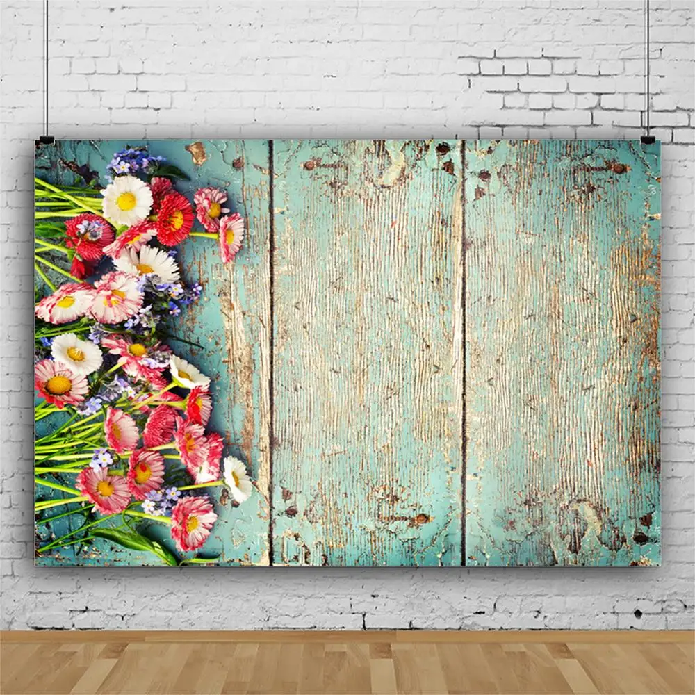 Деревянные доски фон с изображением зеленой и красные цветы для фотосъемки