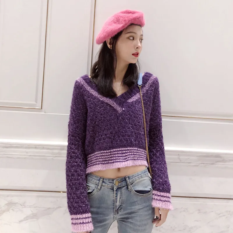 

Saythen contrast color hollow V-neck short knitted sweater women Elegant high waist sweet loose Pullover 2020 new autumn sweater