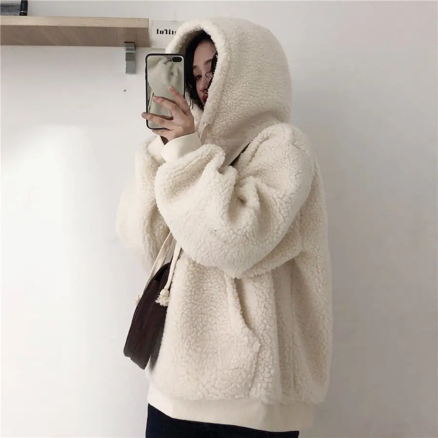 

Autumn Winter Coats Soild Sweet Hooded Women Harajuku Loose Casual Warm Hoodies Ladies Fleece Flannel Pullover Female Sweatshirt