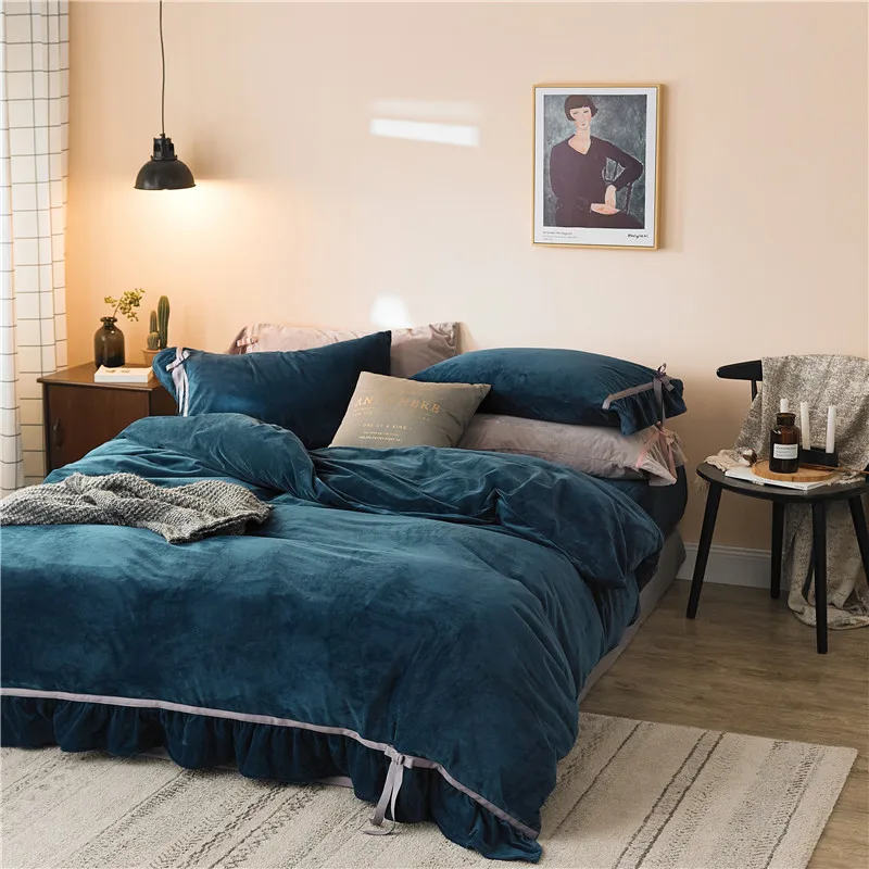 Blue pink beige Duvet Cover Set Bed fleece fabric Linens Pillowcase 4pcs Bedding Queen King size | Дом и сад