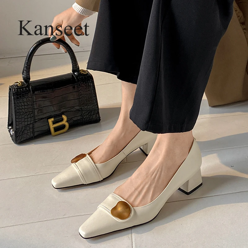 Kanseet New Women's Pumps 2022 Spring Square Toe Fashion Metal Decoration Genuine Leather Handmade Mid Heels Shoes For Ladies 40