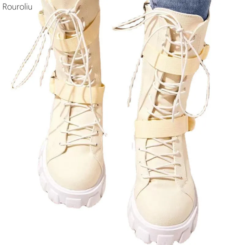 

British Style Motorcycle Boots Women Round Toe High-top Casual Walking Boots Lace-up Solid Color Platform Mid-Calf Boots