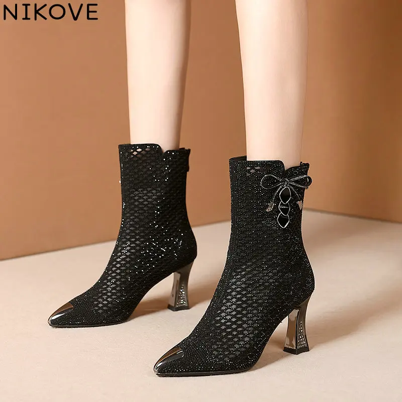 

NIKOVE 2020 Women Summer Shoes Square High Heel Butterfly-Knot Zipper Black Boots Ankle Boots Classic Woman Shoes Size 34-40