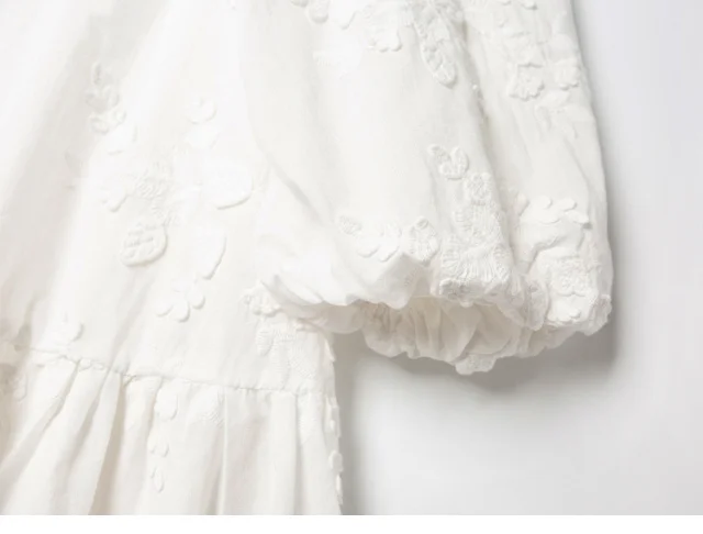 

Women White Loose Dress Embroidery Floral Mini Robe Women's Loose Puff Sleeve Sweet O-neck Summer 2021 Ladies Dress