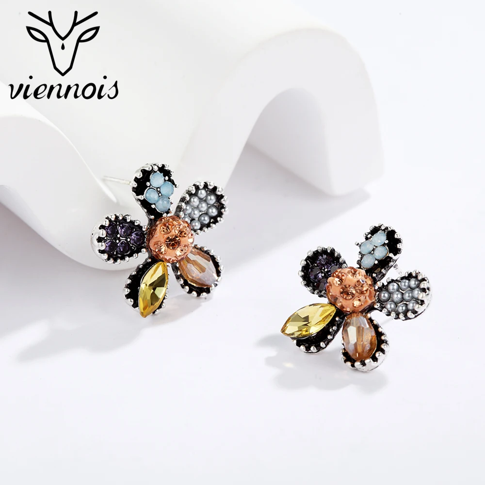 

Viennois Vintage Style Flower Earrings for Women Colorful Cubic Zirconia Stud Earrings Fashion Jewelry Romantic Girlfriend Gift