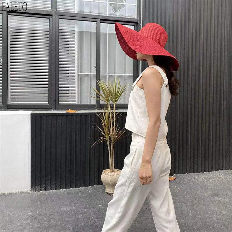 

Faleto Women Wide Brim Sun Hat Floppy Derby Hat Straw Beach UV Protection Foldable Sun Shade Hat Fashion Solid Sun Caps