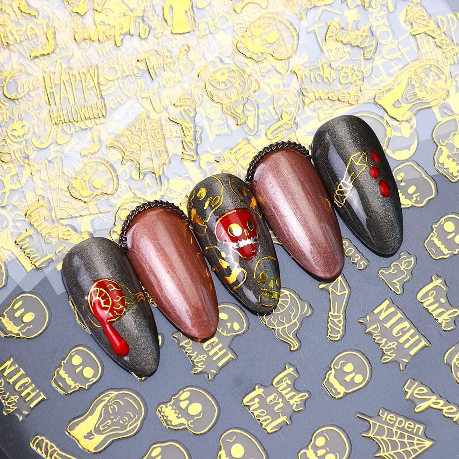 1 шт Золотой слайдер для ногтей на Хэллоуин 3D тату Череп Паук русская буква