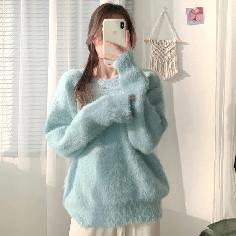 Pullover Mink Fleece Sweater Thick Women Sweaters Winter Loose Mohair V-neck Knitted Sweater