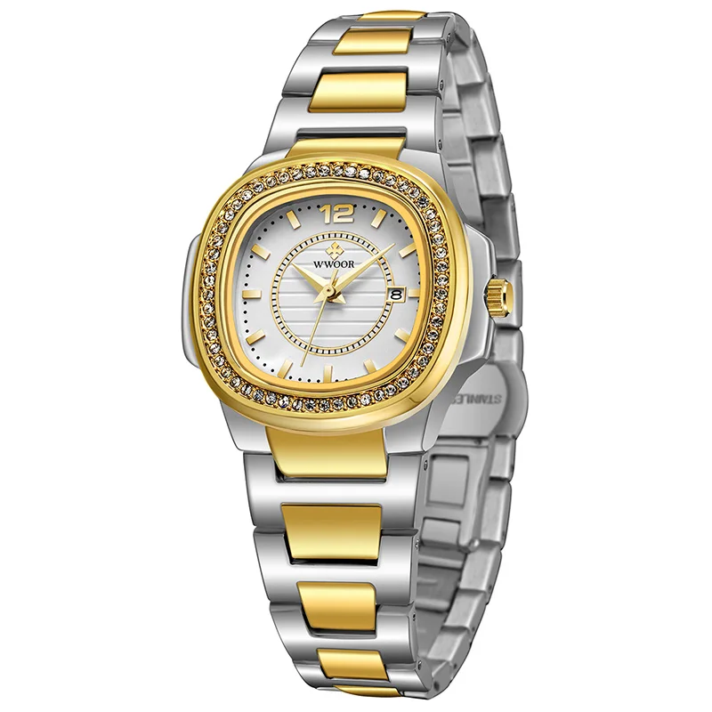 Роскошные женские часы со стальным браслетом кварцевые наручные Стразы с