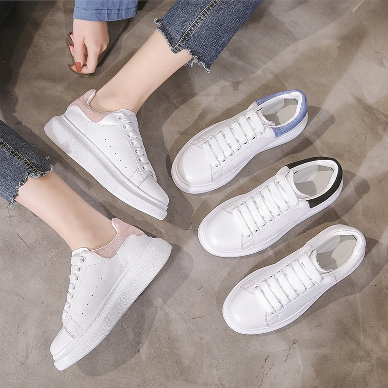 

2020 Women White Casual Shoes New Model Genuine Leather Fashion Sneakers 4cm High Platform Lace Up Women Flat Shoes