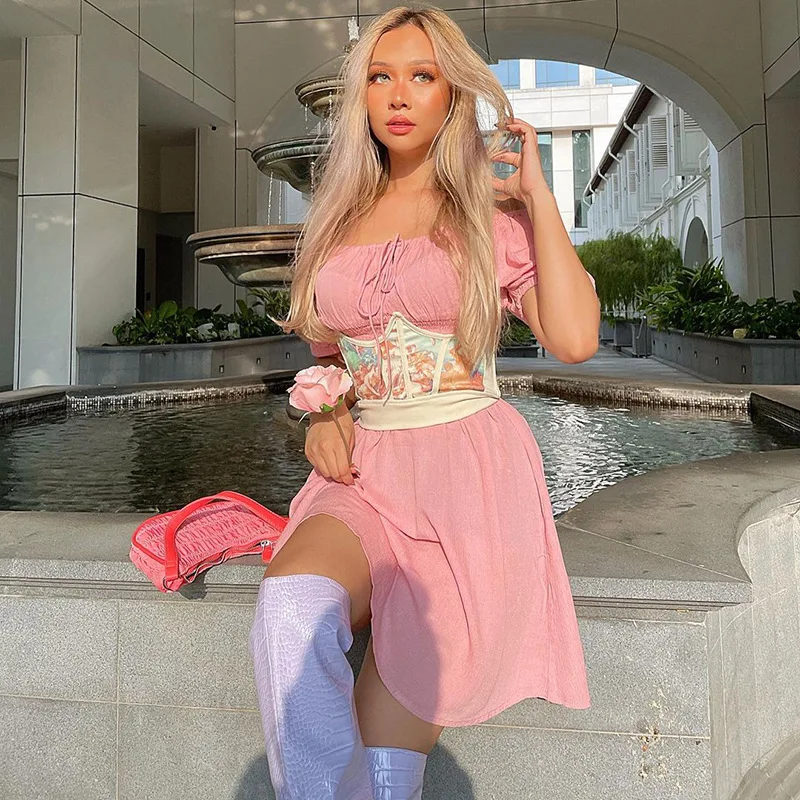 

Sexy Party Club Summer Clothes For Women 2021 Patchwork Print Lace UP Y2K Crown Corset Top Women's All Match Clothes