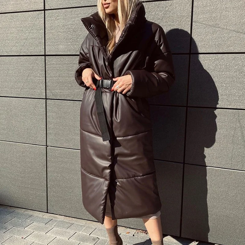 

2021Winter Warm Leather Parkas Women Fashion Straight Loose Pockets Coats Women Elegant Long Cotton Jackets Female Ladies