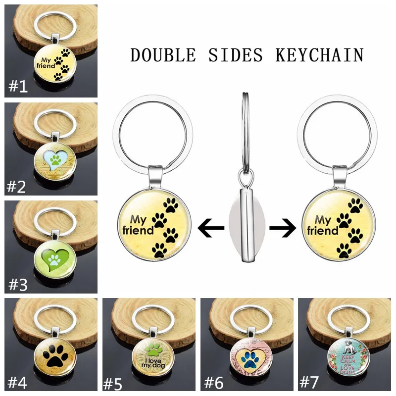 

Double Side Keychain Lovely Dog Key Rings Cute Dog Paw Key Chain Puppy Glass Cabochon Keychain Jewelry